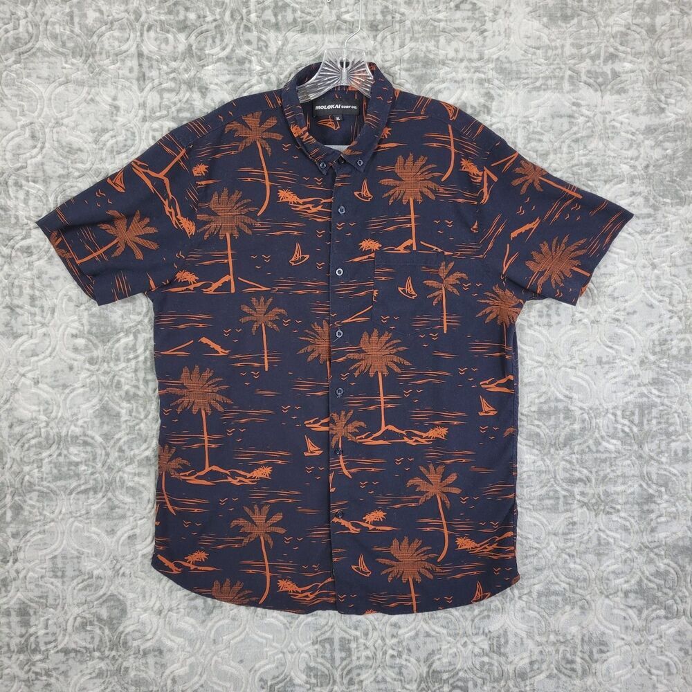 Molokai Surf Co Shirt Mens XL Blue Tropical Palm Tree Floral Hawaiian Rayon